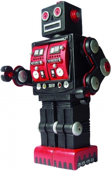 Spardose (Moneybox) aus Kunststoff, Motiv Retro Roboter in schwarz-roter Farbkombination