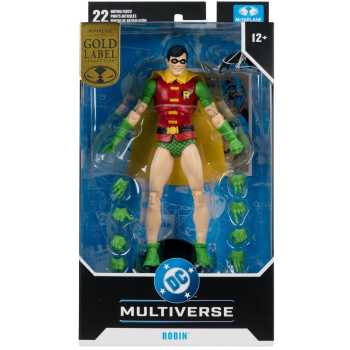 Verpackte Robin-Actionfigur in der Originalbox mit "McFarlane Gold Label Collection"-Siegel, DC-Multiverse-Logo und Hinweis auf 22 Gelenkpunkte.