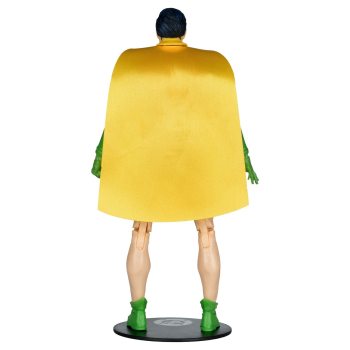 Rückansicht der Robin-Figur, der gelbe Umhang bedeckt den Rücken fast vollständig, grüne Handschuhe und Stiefel sind seitlich sichtbar.