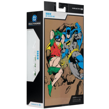 Seitlich angewinkelte Ansicht der Verpackung mit Comic-Illustration von Batman und Robin im Einsatz sowie der Aufschrift "Robin – DC Silver Age".