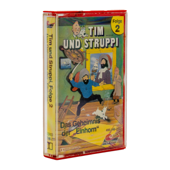 Cover der Tim & Struppi Hörspiel Kassette Folge 2 „Das Geheimnis der Einhorn“ – Originalmotiv mit Tim, Struppi und Kapitän Haddock