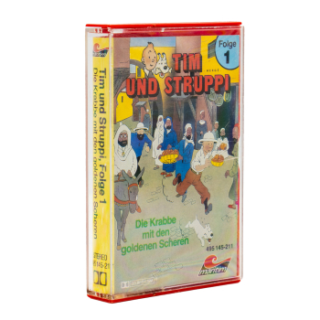 Cover der Tintin Hörspiel Kassette Folge 1 „Die Krabbe mit den goldenen Scheren“ – Originalmotiv mit Tintin, Struppi und Captain Haddock
