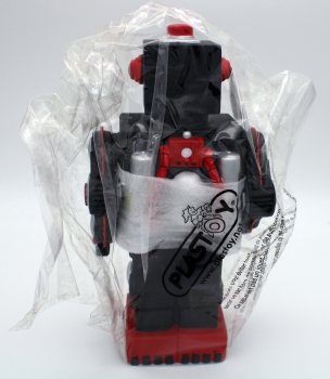 Spardose (Moneybox) aus Kunststoff, Motiv Retro Roboter in schwarz-roter Farbkombination