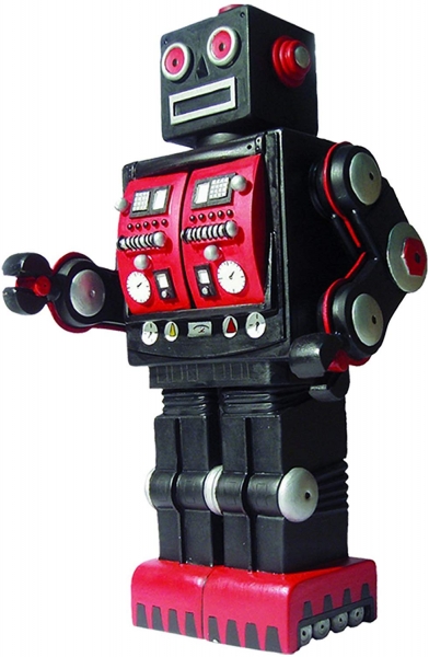 Spardose (Moneybox) aus Kunststoff, Motiv Retro Roboter in schwarz-roter Farbkombination