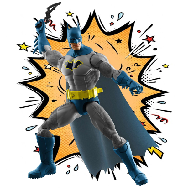 Batman steht in einer action Pose und wirft einen Batterang