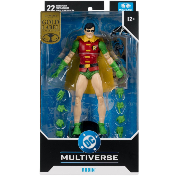 Verpackte Robin-Actionfigur in der Originalbox mit "McFarlane Gold Label Collection"-Siegel, DC-Multiverse-Logo und Hinweis auf 22 Gelenkpunkte.