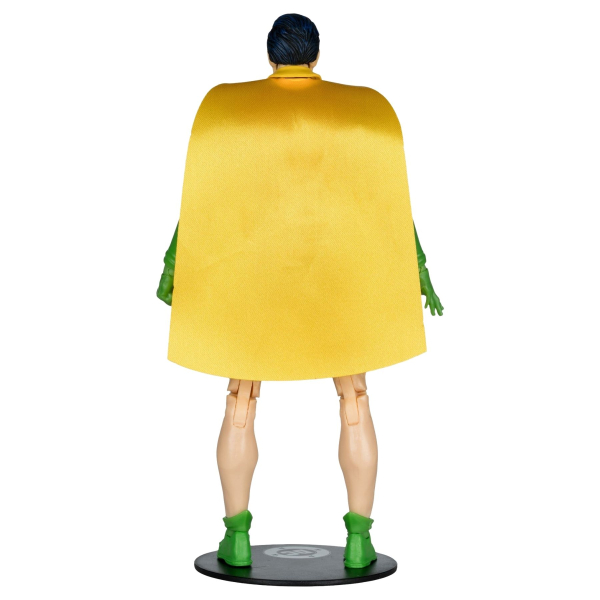 Rückansicht der Robin-Figur, der gelbe Umhang bedeckt den Rücken fast vollständig, grüne Handschuhe und Stiefel sind seitlich sichtbar.