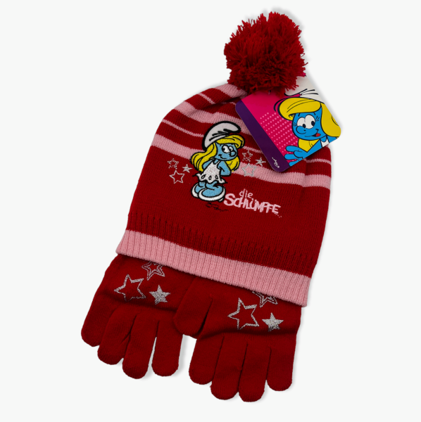 Die Schlümpfe Wintermütze mit Bommel und Handschuhe - Set für Kinder "Schlumpfine" in rot und rosa