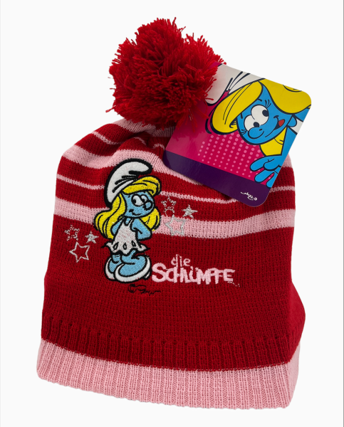 Die Schlümpfe Wintermütze mit Bommel und Handschuhe - Set für Kinder "Schlumpfine" in rot und rosa