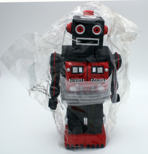 Spardose (Moneybox) aus Kunststoff, Motiv Retro Roboter in schwarz-roter Farbkombination