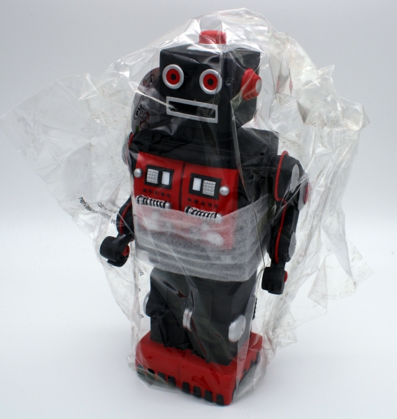 Spardose (Moneybox) aus Kunststoff, Motiv Retro Roboter in schwarz-roter Farbkombination
